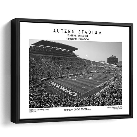 Autzen Stadium Black And White, Oregon Ducks Football Stadium Wall Art Print, Framed Canvas Print Wall Art