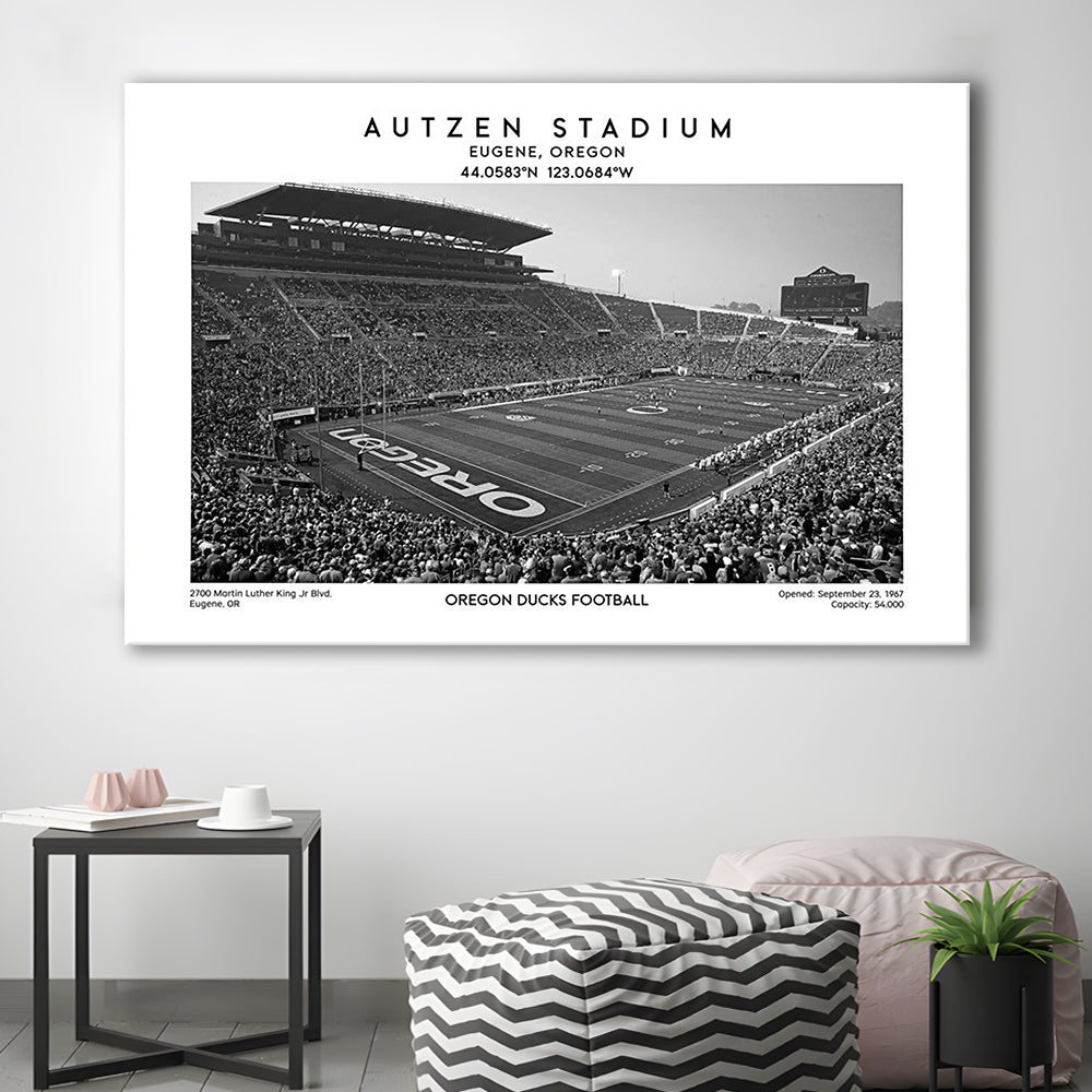 Autzen Stadium Black And White, Oregon Ducks Football Stadium Wall Art Print, Canvas Print Wall Art, Man Cave Gift