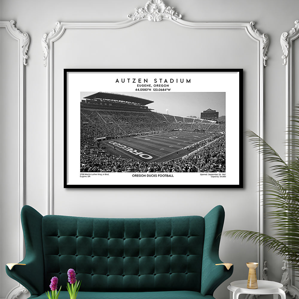 Autzen Stadium Black And White, Oregon Ducks Football Stadium Wall Art Print, Framed Art Print Wall Decor