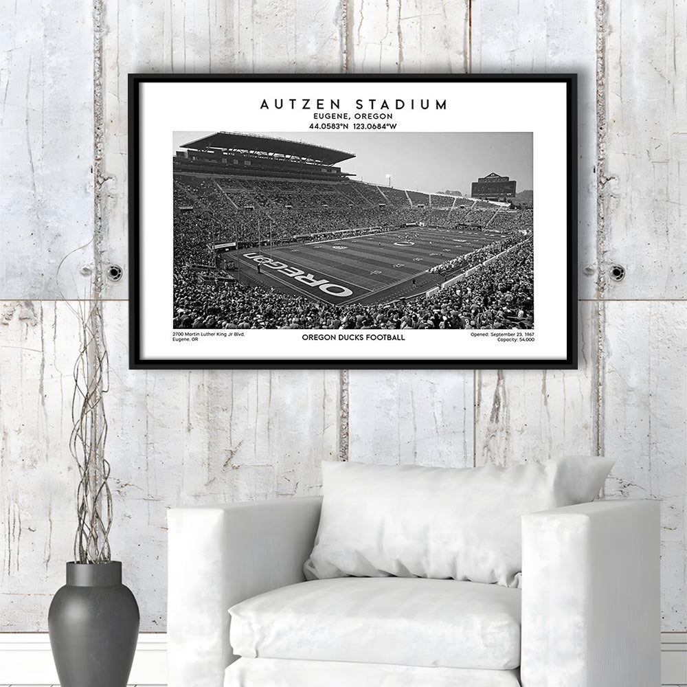 Autzen Stadium Black And White, Oregon Ducks Football Stadium Wall Art Print, Framed Canvas Print Wall Art