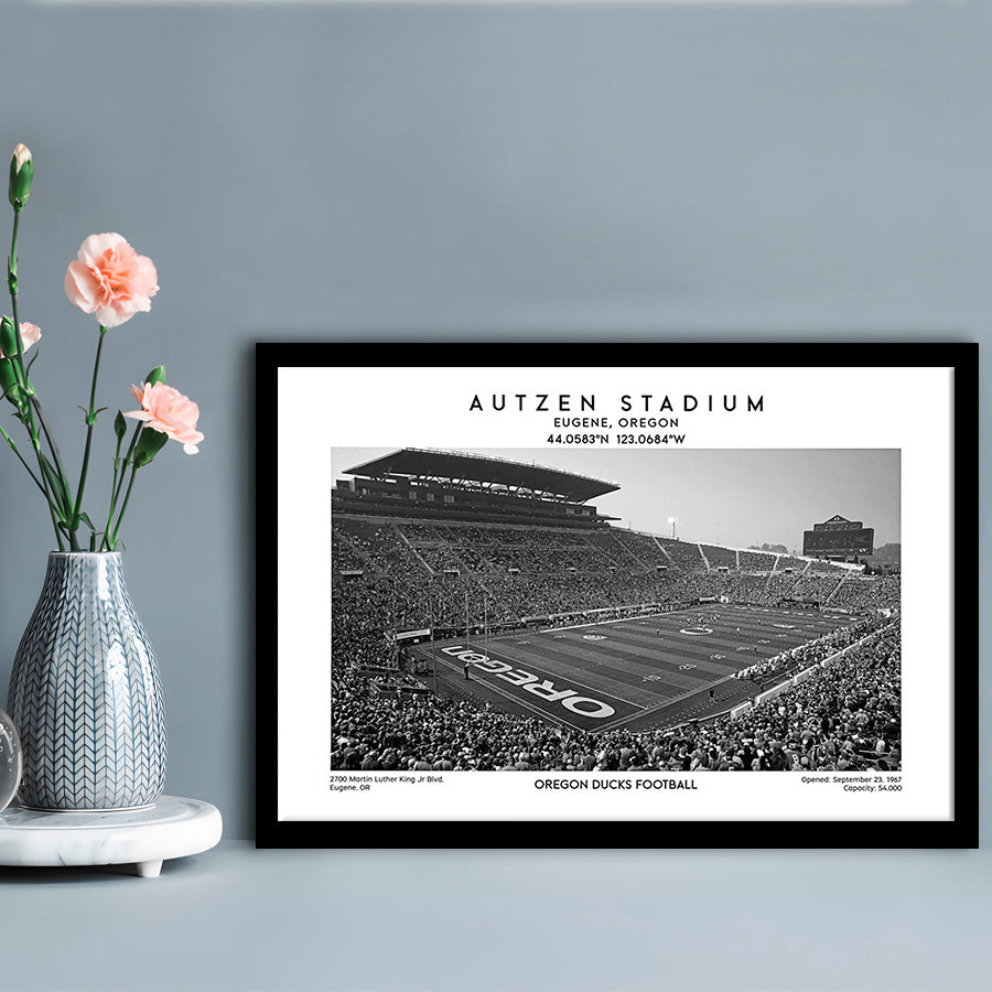 Autzen Stadium Black And White, Oregon Ducks Football Stadium Wall Art Print, Framed Art Print Wall Decor