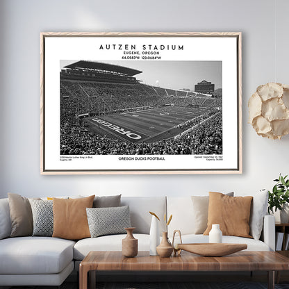 Autzen Stadium Black And White, Oregon Ducks Football Stadium Wall Art Print, Framed Canvas Print Wall Art