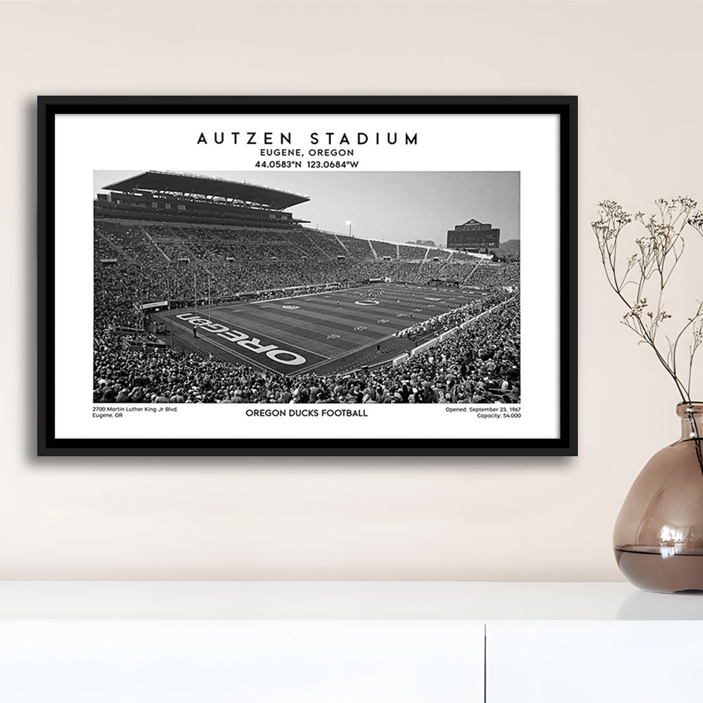 Autzen Stadium Black And White, Oregon Ducks Football Stadium Wall Art Print, Framed Canvas Print Wall Art