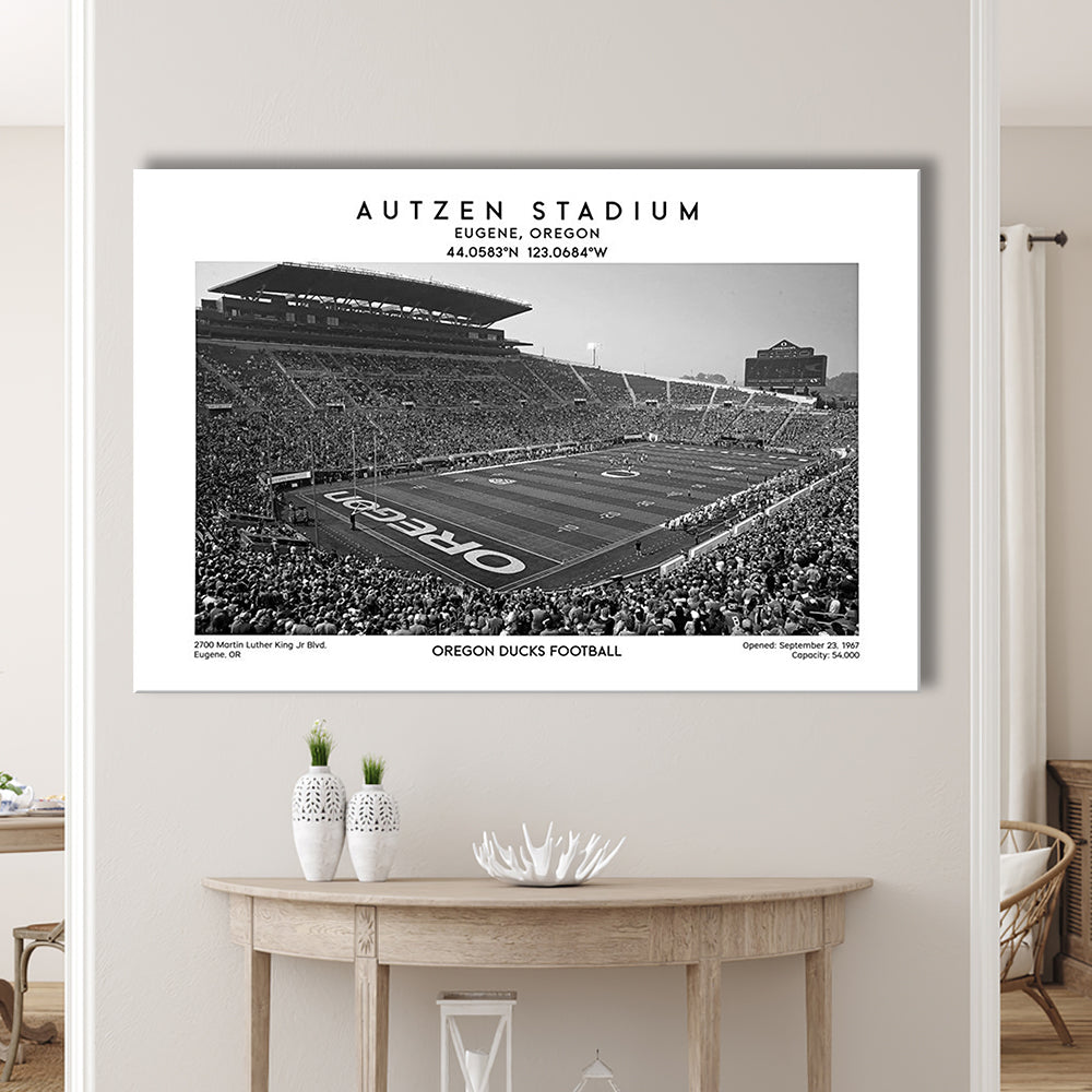 Autzen Stadium Black And White, Oregon Ducks Football Stadium Wall Art Print, Canvas Print Wall Art, Man Cave Gift