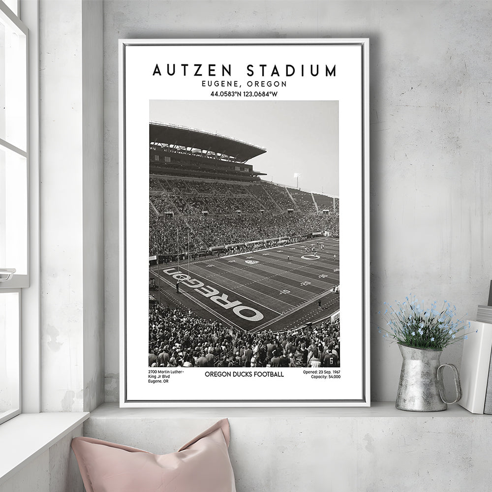 Autzen Stadium Black And White, Oregon Ducks Football Stadium Wall Art Print, Framed Canvas Prints Wall Art