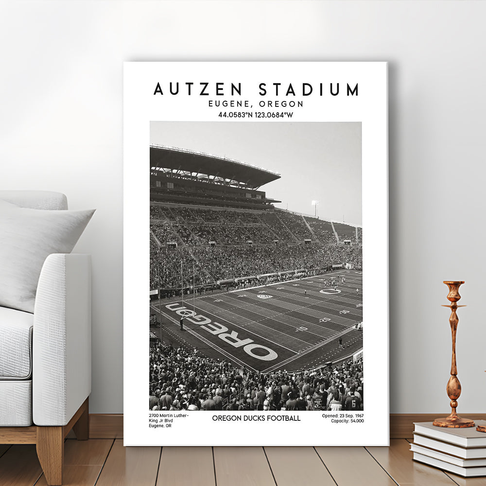 Autzen Stadium Black And White, Oregon Ducks Football Stadium Wall Art Print, Canvas Prints Wall Art, Man Cave Decor