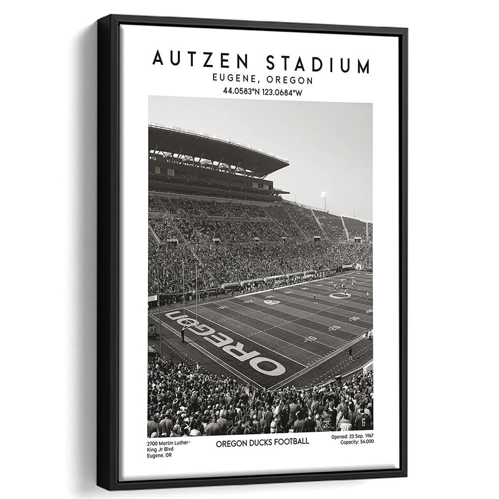 Autzen Stadium Black And White, Oregon Ducks Football Stadium Wall Art Print, Framed Canvas Prints Wall Art
