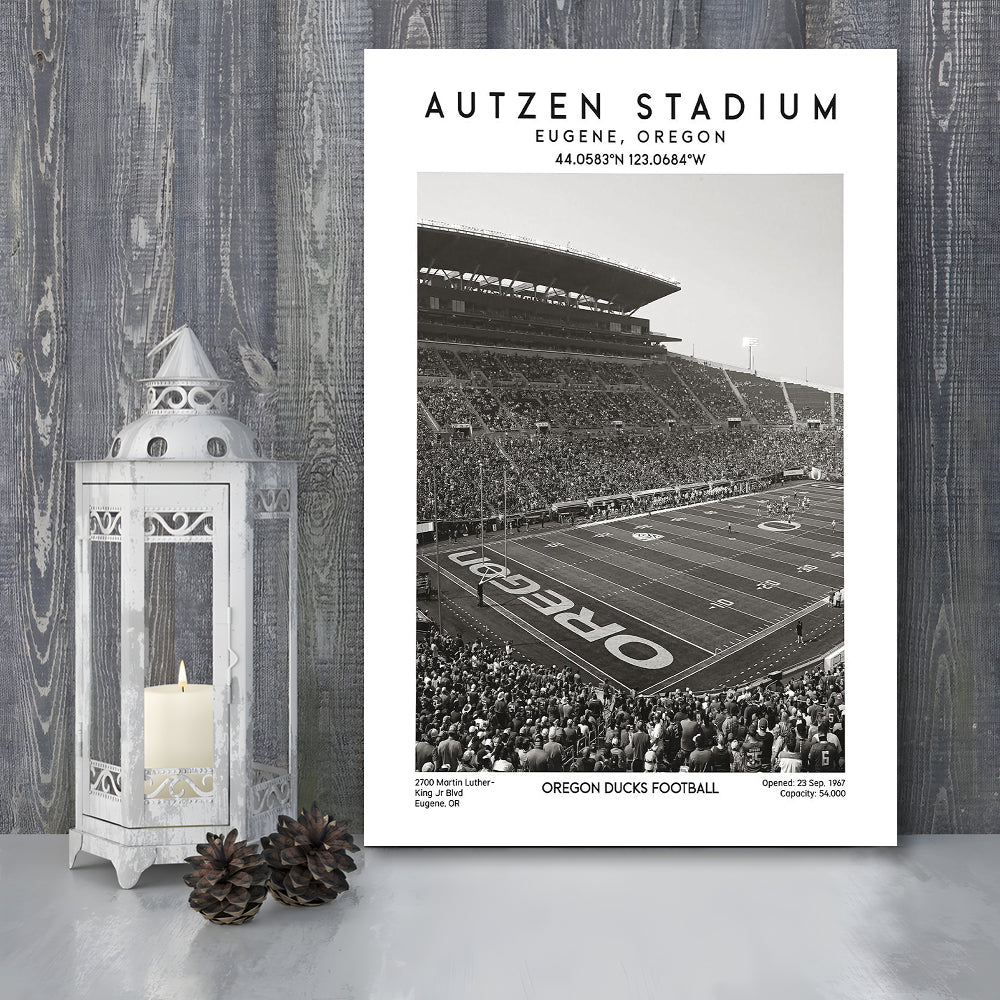 Autzen Stadium Black And White, Oregon Ducks Football Stadium Wall Art Print, Canvas Prints Wall Art, Man Cave Decor
