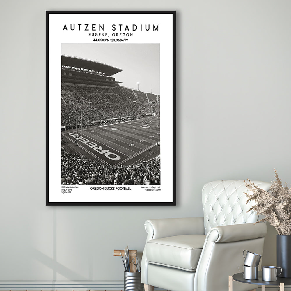 Autzen Stadium Black And White, Oregon Ducks Football Stadium Wall Art Print, Framed Canvas Prints Wall Art