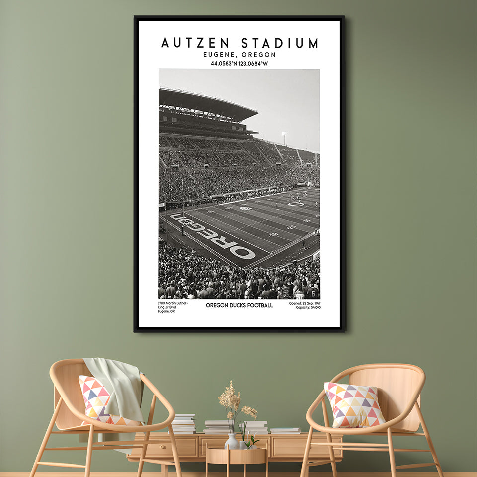 Autzen Stadium Black And White, Oregon Ducks Football Stadium Wall Art Print, Framed Canvas Prints Wall Art