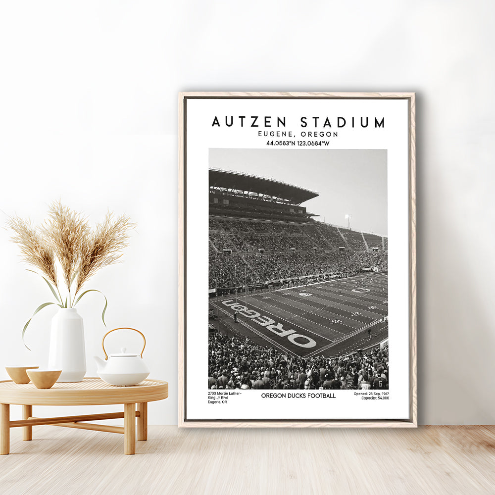 Autzen Stadium Black And White, Oregon Ducks Football Stadium Wall Art Print, Framed Canvas Prints Wall Art