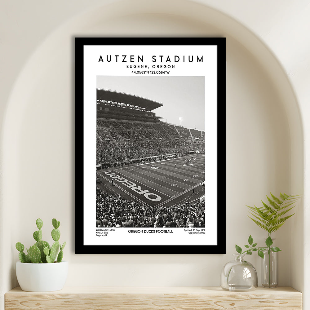 Autzen Stadium Black And White, Oregon Ducks Football Stadium Wall Art Print, Framed Art Prints Wall Decor