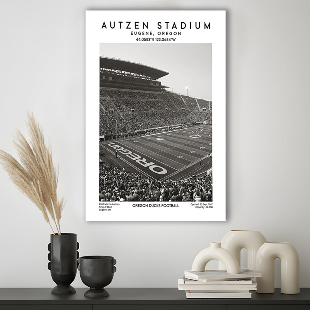 Autzen Stadium Black And White, Oregon Ducks Football Stadium Wall Art Print, Canvas Prints Wall Art, Man Cave Decor