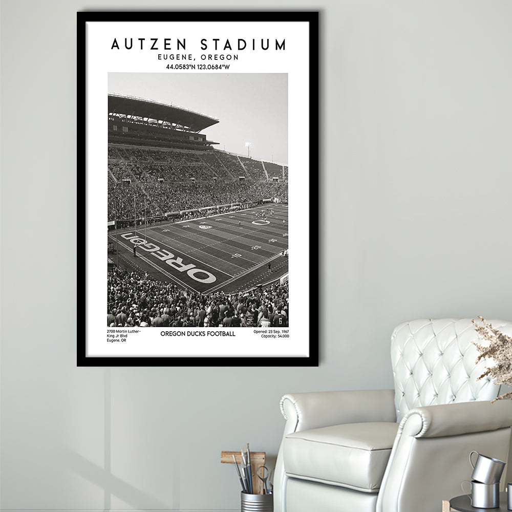 Autzen Stadium Black And White, Oregon Ducks Football Stadium Wall Art Print, Framed Art Prints Wall Decor