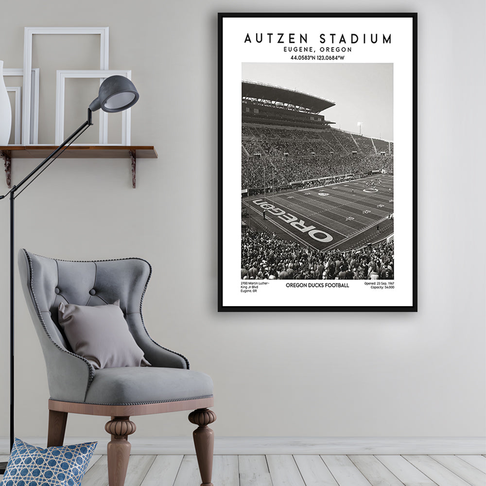 Autzen Stadium Black And White, Oregon Ducks Football Stadium Wall Art Print, Framed Canvas Prints Wall Art