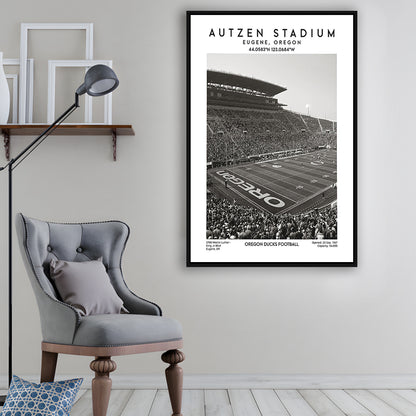 Autzen Stadium Black And White, Oregon Ducks Football Stadium Wall Art Print, Framed Canvas Prints Wall Art