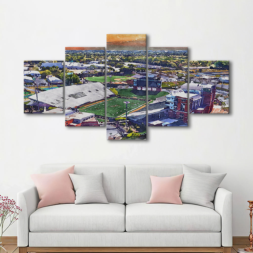 BB&T Field WaterColor, Winston-Salem, North Carolina Watercolor Art, Sport Art, Mixed 5 Panel, Canvas Print Wall Art