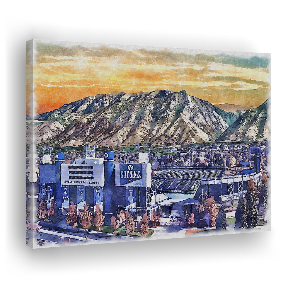 BYU Cougars, LaVell Edwards Painting Stadium Watercolor, Sport Art, Gifts for him, Canvas Print Wall Art