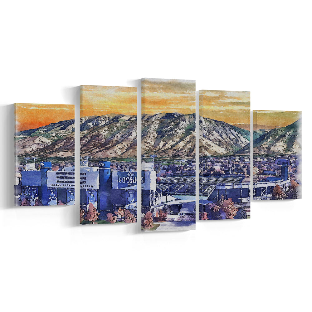 BYU Cougars, LaVell Edwards Painting Stadium Watercolor, Sport Art, Mixed 5 Panel, Canvas Print Wall Art