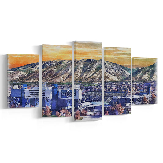 BYU Cougars, LaVell Edwards Painting Stadium Watercolor, Sport Art, Mixed 5 Panel, Canvas Print Wall Art