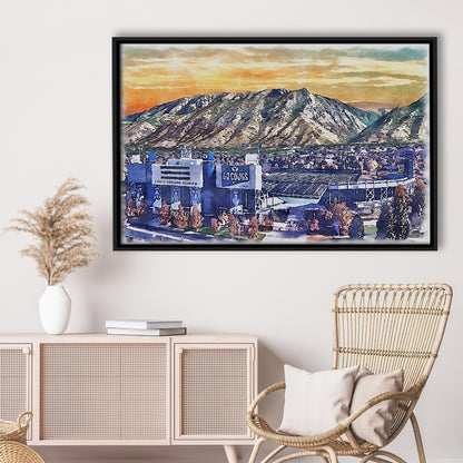 BYU Cougars, LaVell Edwards Painting Stadium Watercolor, Sport Gift Art, Framed Canvas Print Wall Art