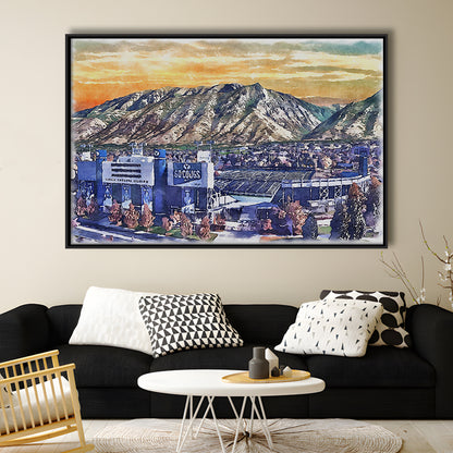 BYU Cougars, LaVell Edwards Painting Stadium Watercolor, Sport Gift Art, Framed Canvas Print Wall Art