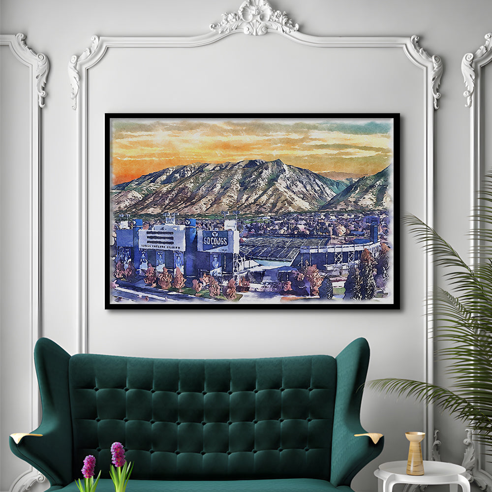 BYU Cougars, LaVell Edwards Painting Stadium Watercolor, Sport Gift Art, Framed Art Print Wall Decor