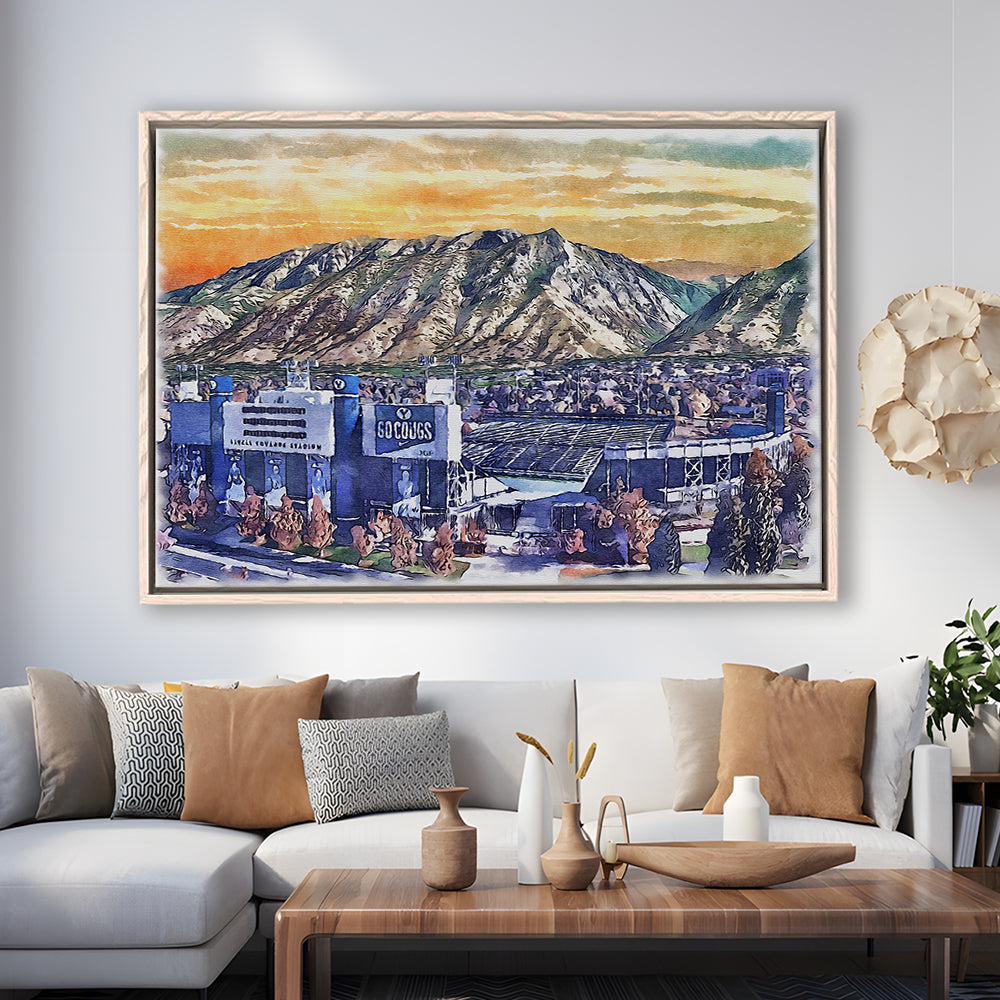 BYU Cougars, LaVell Edwards Painting Stadium Watercolor, Sport Gift Art, Framed Canvas Print Wall Art