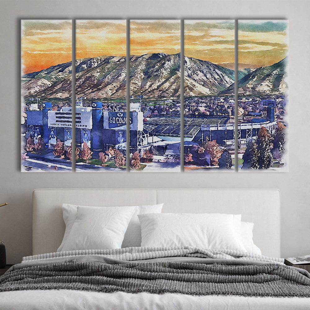 BYU Cougars, LaVell Edwards Painting Stadium Watercolor, Sport Art, Extra Large Canvas Print Wall Art