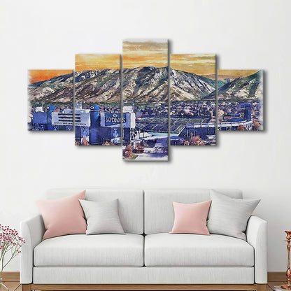 BYU Cougars, LaVell Edwards Painting Stadium Watercolor, Sport Art, Mixed 5 Panel, Canvas Print Wall Art