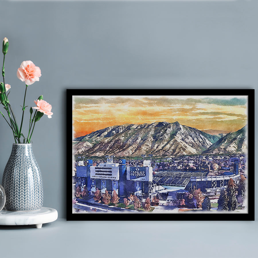 BYU Cougars, LaVell Edwards Painting Stadium Watercolor, Sport Gift Art, Framed Art Print Wall Decor