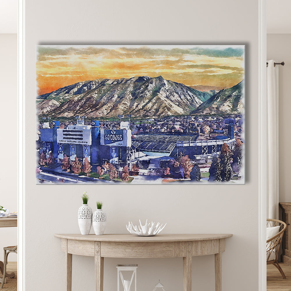 BYU Cougars, LaVell Edwards Painting Stadium Watercolor, Sport Art, Gifts for him, Canvas Print Wall Art
