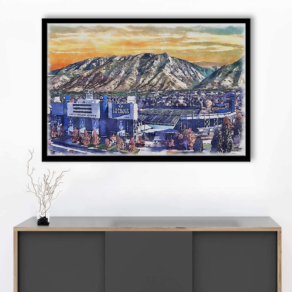 BYU Cougars, LaVell Edwards Painting Stadium Watercolor, Sport Gift Art, Framed Art Print Wall Decor