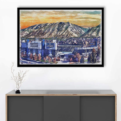 BYU Cougars, LaVell Edwards Painting Stadium Watercolor, Sport Gift Art, Framed Art Print Wall Decor