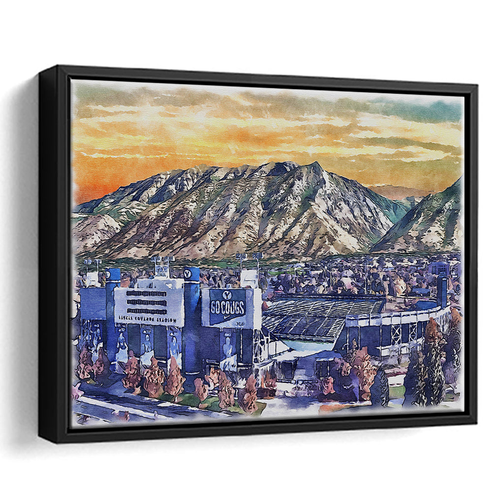 BYU Cougars, LaVell Edwards Painting Stadium Watercolor, Sport Gift Art, Framed Canvas Print Wall Art