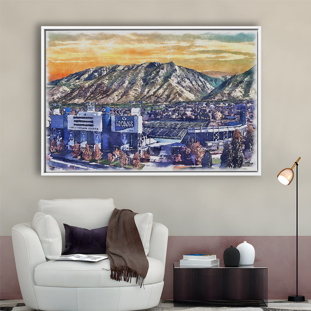 BYU Cougars, LaVell Edwards Painting Stadium Watercolor, Sport Gift Art, Framed Canvas Print Wall Art
