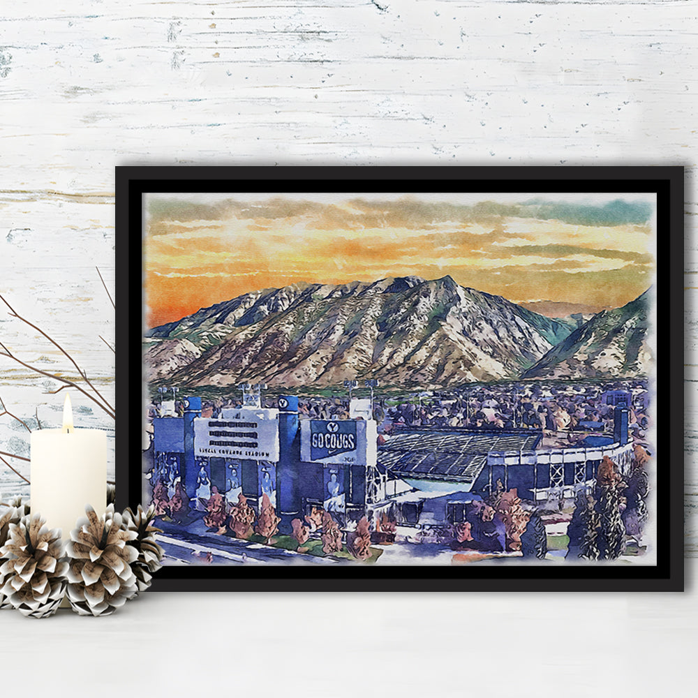 BYU Cougars, LaVell Edwards Painting Stadium Watercolor, Sport Gift Art, Framed Canvas Print Wall Art