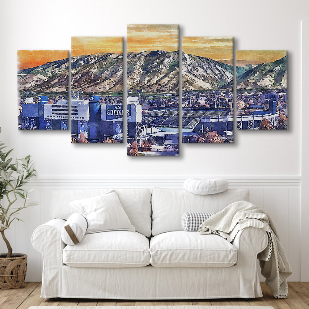 BYU Cougars, LaVell Edwards Painting Stadium Watercolor, Sport Art, Mixed 5 Panel, Canvas Print Wall Art
