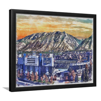 BYU Cougars, LaVell Edwards Painting Stadium Watercolor, Sport Gift Art, Framed Art Print Wall Decor