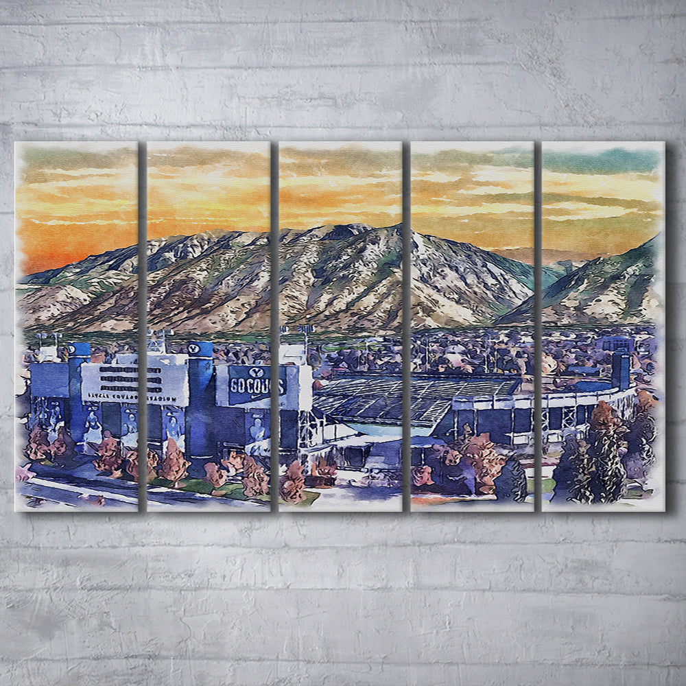 BYU Cougars, LaVell Edwards Painting Stadium Watercolor, Sport Art, Extra Large Canvas Print Wall Art