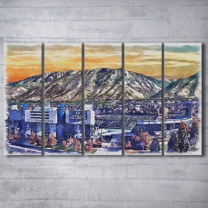 BYU Cougars, LaVell Edwards Painting Stadium Watercolor, Sport Art, Extra Large Canvas Print Wall Art