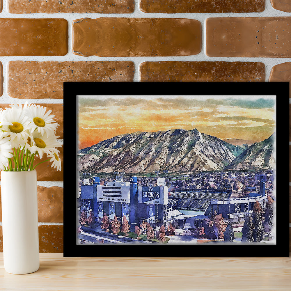 BYU Cougars, LaVell Edwards Painting Stadium Watercolor, Sport Gift Art, Framed Art Print Wall Decor