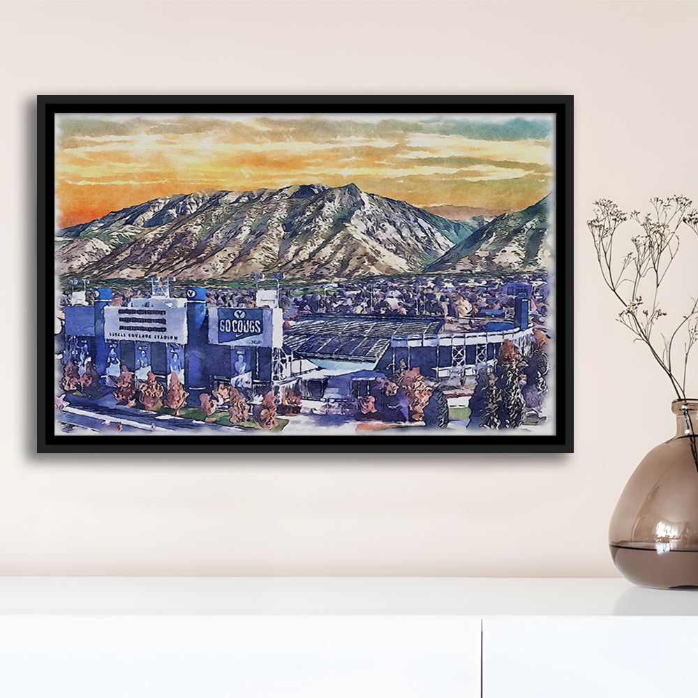 BYU Cougars, LaVell Edwards Painting Stadium Watercolor, Sport Gift Art, Framed Canvas Print Wall Art