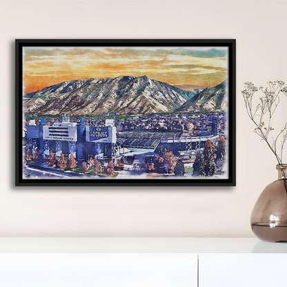 BYU Cougars, LaVell Edwards Painting Stadium Watercolor, Sport Gift Art, Framed Canvas Print Wall Art