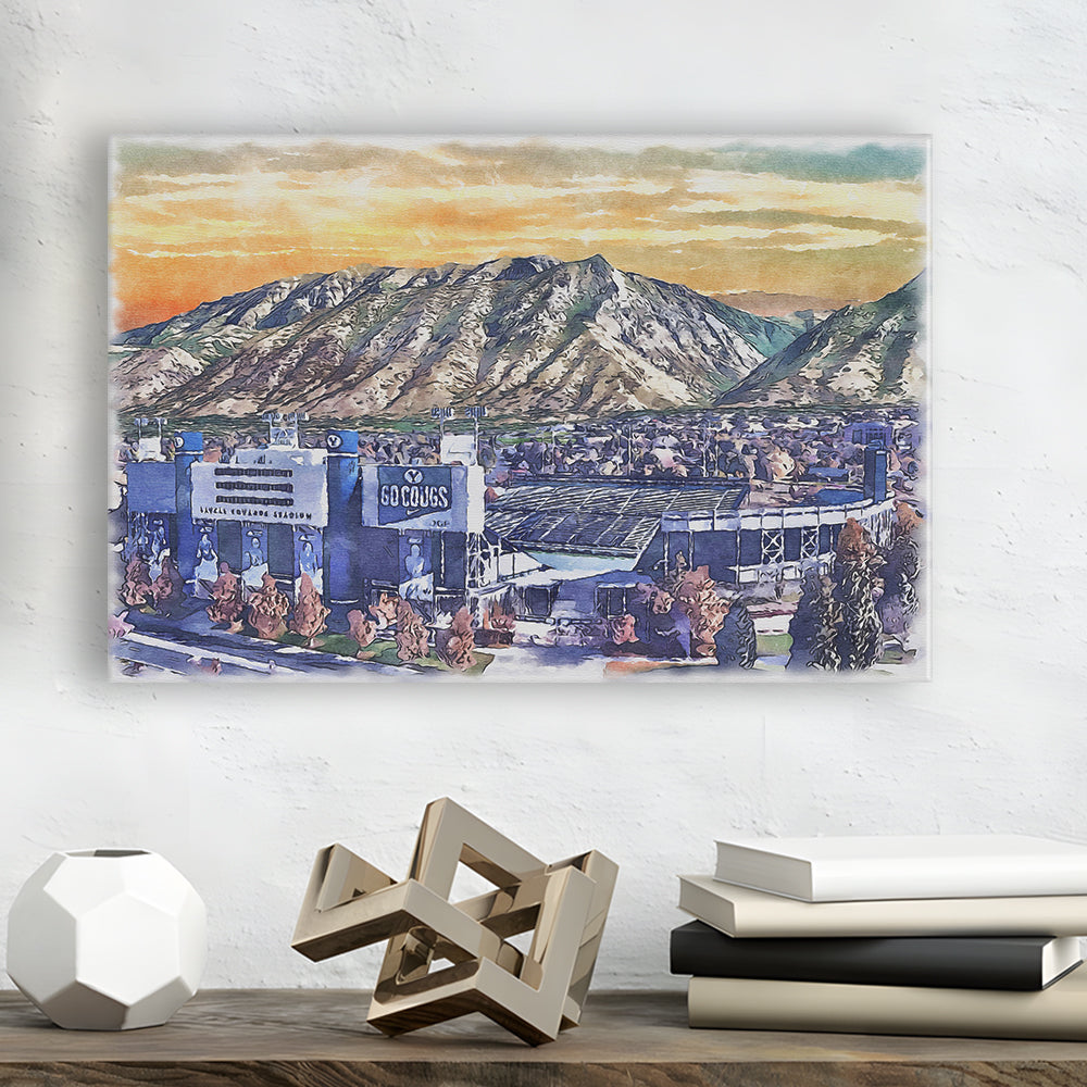 BYU Cougars, LaVell Edwards Painting Stadium Watercolor, Sport Art, Gifts for him, Canvas Print Wall Art