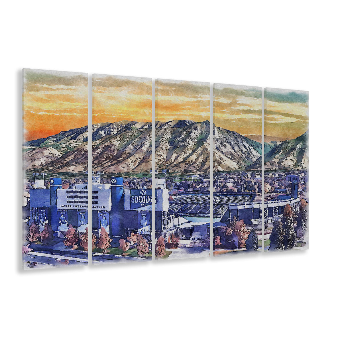 BYU Cougars, LaVell Edwards Painting Stadium Watercolor, Sport Art, Extra Large Canvas Print Wall Art