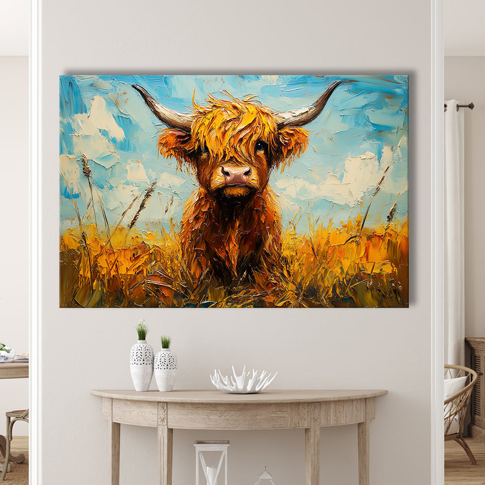 Baby Highland Cow In The Field, Canvas Art Decor Print, Painting Art, Canvas Print Wall Art Home Decor