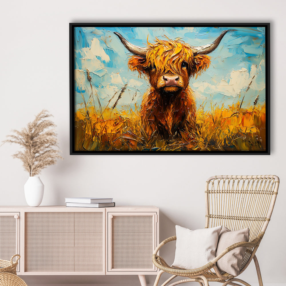 Baby Highland Cow In The Field, Framed Canvas Print, Painting Art, Floating Framed Canvas Print Wall Art