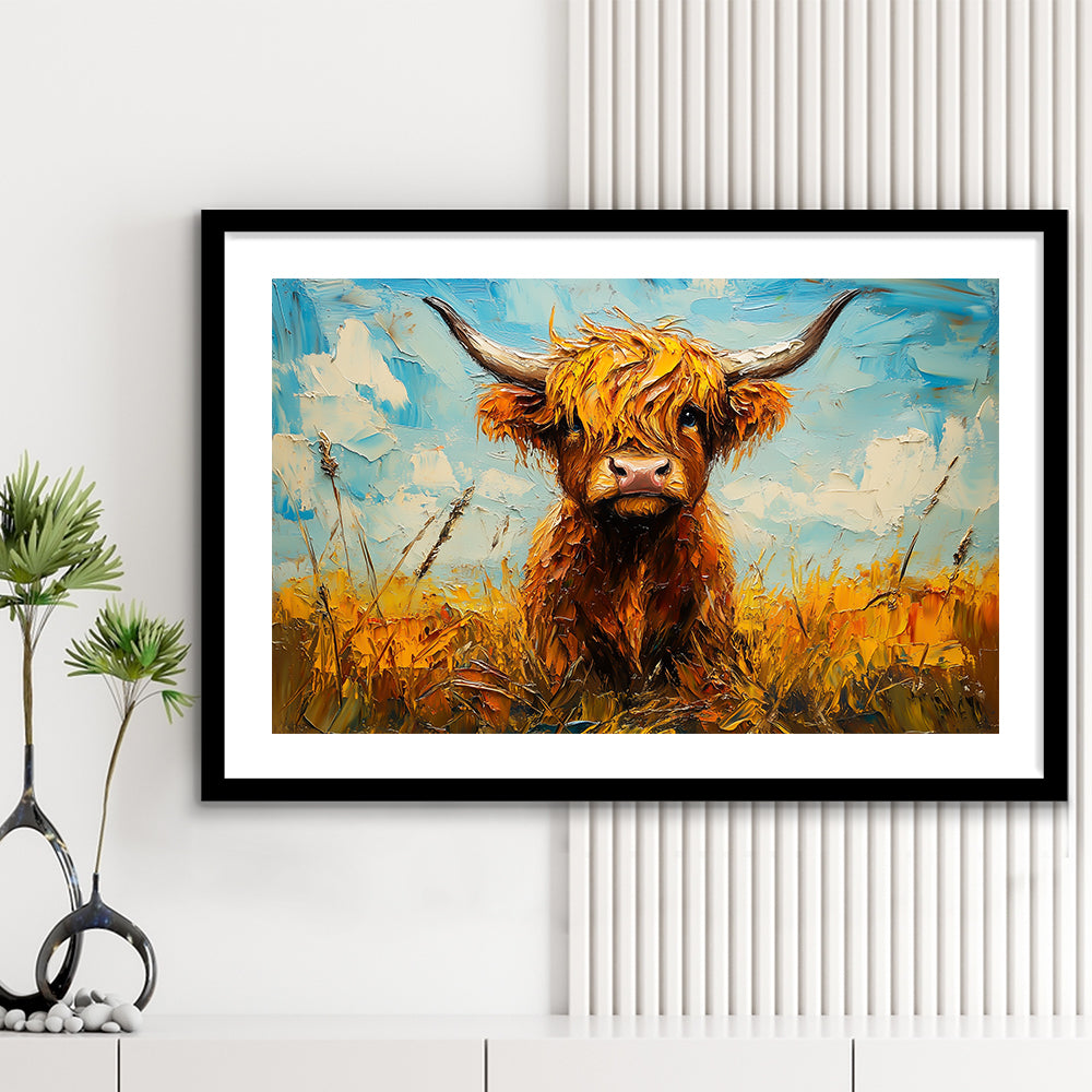 Baby Highland Cow In The Field, Framed  Print, Painting Art, Framed Art Print White Border Wall Decor