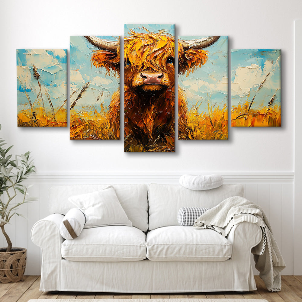 Baby Highland Cow In The Field, Canvas Art Decor Print, Painting Art, Mixed Panels Canvas Print Wall Art